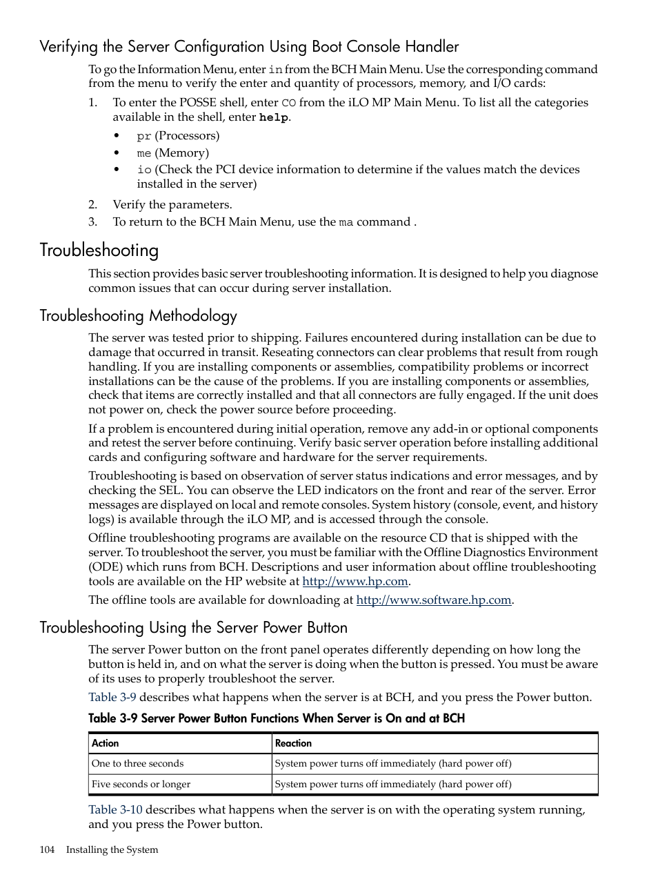 Troubleshooting, Troubleshooting methodology, Troubleshooting using the server power button | HP RP3440 User Manual | Page 104 / 210