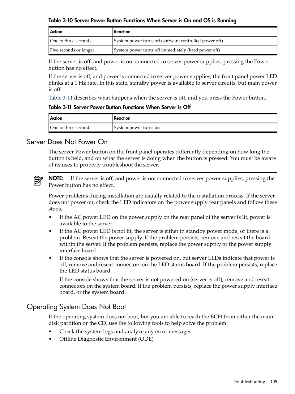 Server does not power on, Operating system does not boot, Server power button functions when server is off | HP RP3440 User Manual | Page 105 / 210