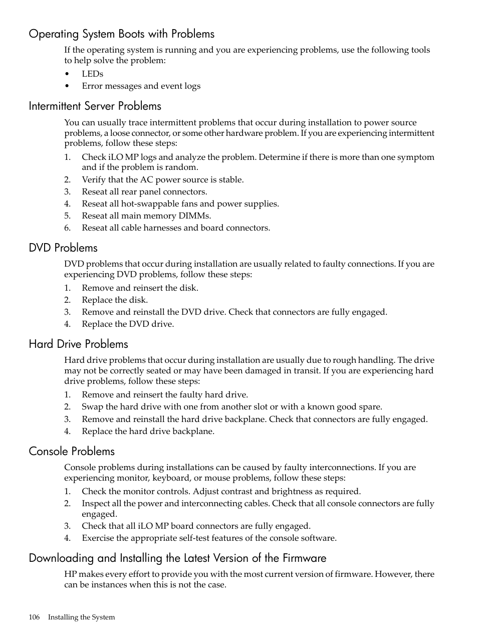 Operating system boots with problems, Intermittent server problems, Dvd problems | Hard drive problems, Console problems | HP RP3440 User Manual | Page 106 / 210