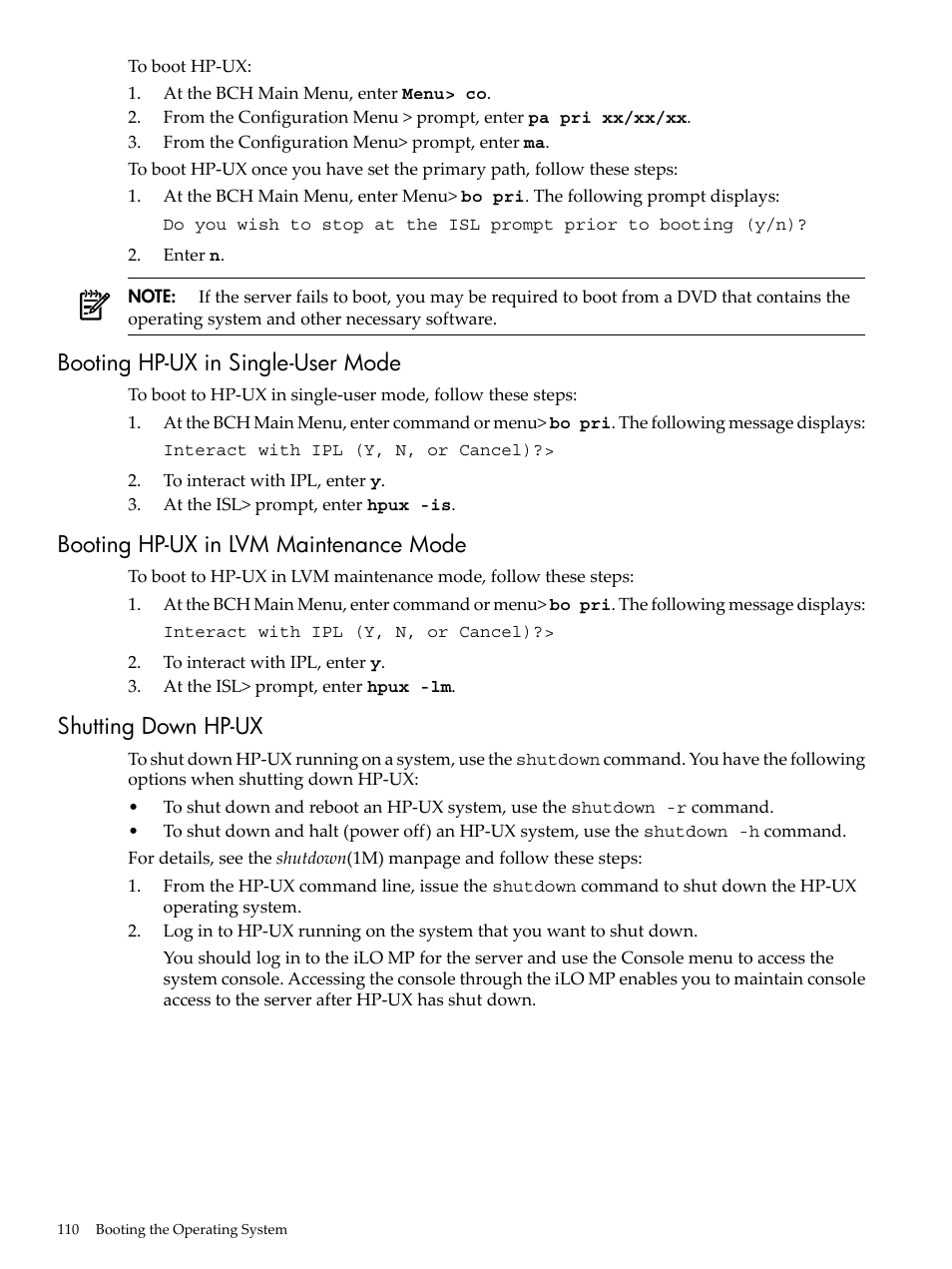 Booting hp-ux in single-user mode, Booting hp-ux in lvm maintenance mode, Shutting down hp-ux | HP RP3440 User Manual | Page 110 / 210