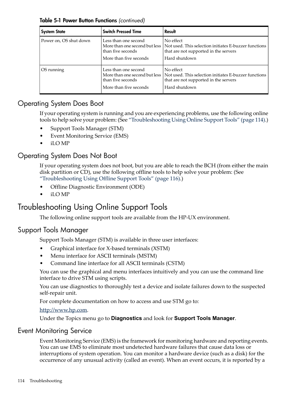 Operating system does boot, Operating system does not boot, Troubleshooting using online support tools | Support tools manager, Event monitoring service, Support tools manager event monitoring service | HP RP3440 User Manual | Page 114 / 210