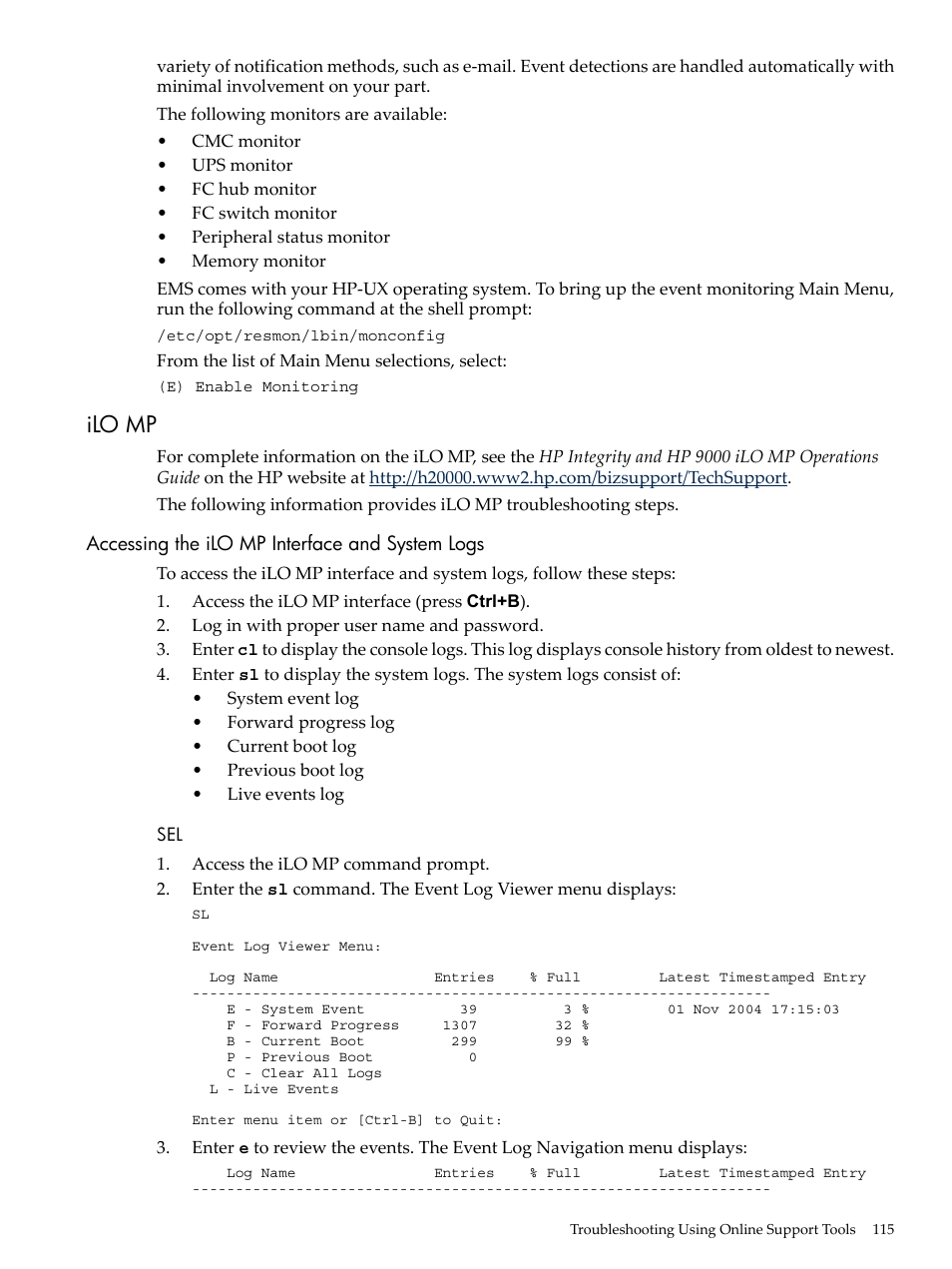 Ilo mp, Accessing the ilo mp interface and system logs | HP RP3440 User Manual | Page 115 / 210