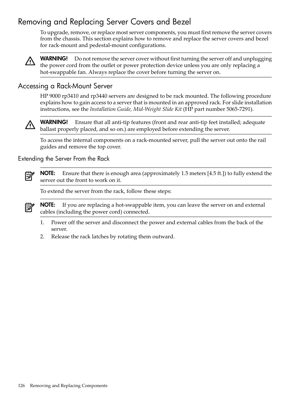 Removing and replacing server covers and bezel, Accessing a rack-mount server, Extending the server from the rack | HP RP3440 User Manual | Page 126 / 210