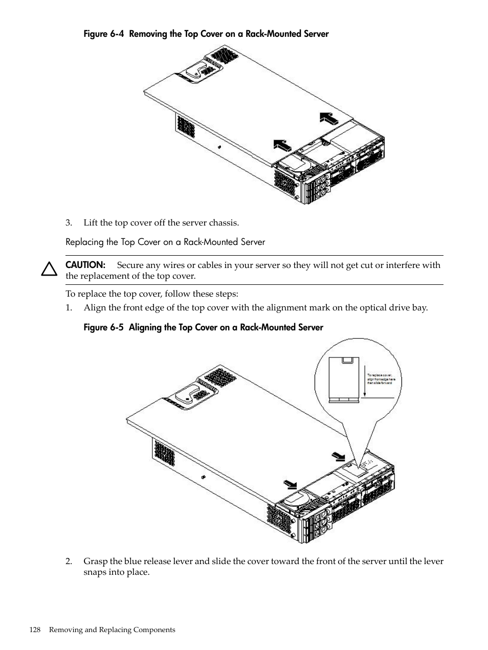 Replacing the top cover on a rack-mounted server, Removing the top cover on a rack-mounted server, Aligning the top cover on a rack-mounted server | HP RP3440 User Manual | Page 128 / 210