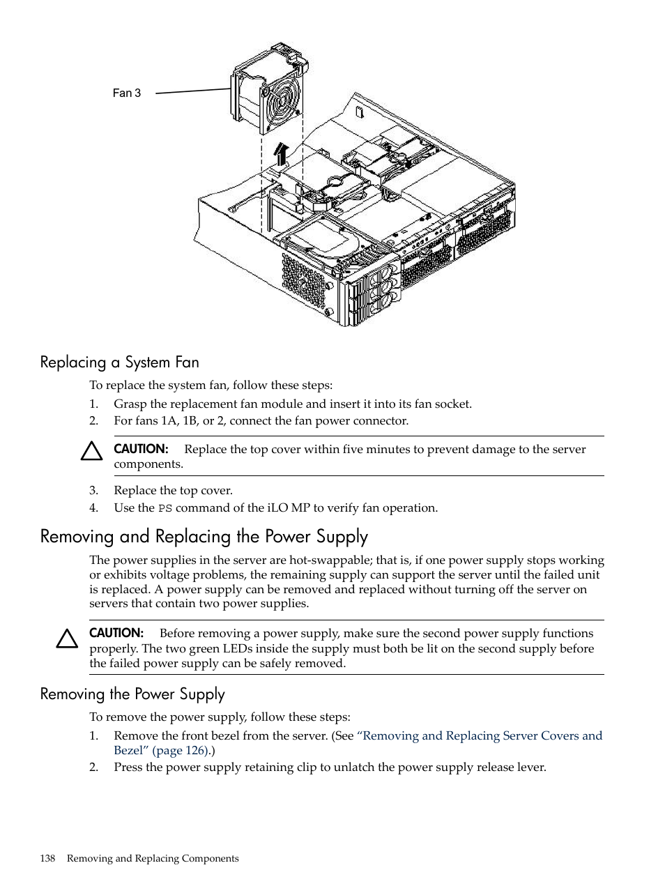 Replacing a system fan, Removing and replacing the power supply, Removing the power supply | HP RP3440 User Manual | Page 138 / 210