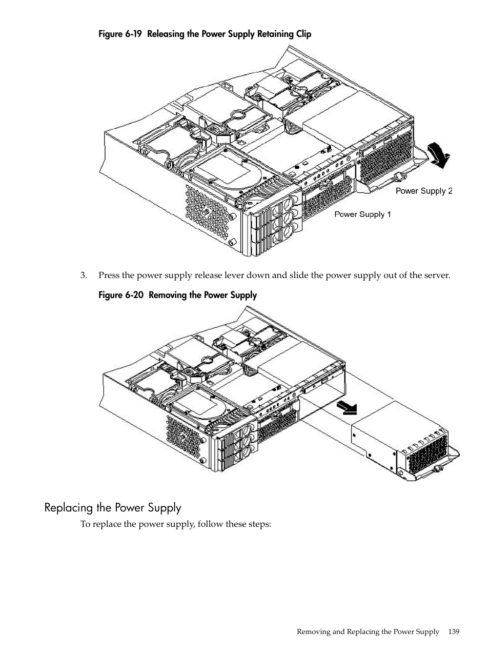 Replacing the power supply, Releasing the power supply retaining clip, Removing the power supply | HP RP3440 User Manual | Page 139 / 210