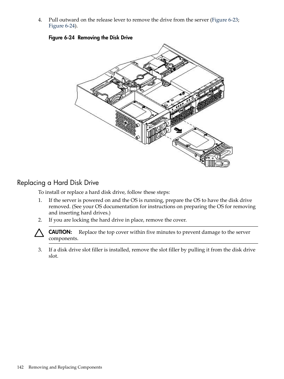 Replacing a hard disk drive, Removing the disk drive | HP RP3440 User Manual | Page 142 / 210