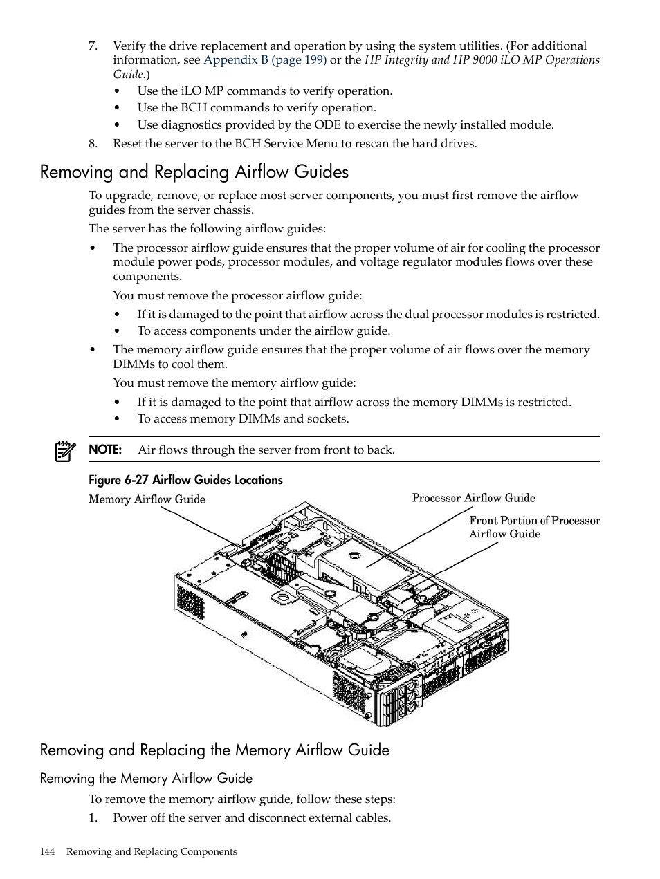 Removing and replacing airflow guides, Removing and replacing the memory airflow guide, Removing the memory airflow guide | Airflow guides locations | HP RP3440 User Manual | Page 144 / 210