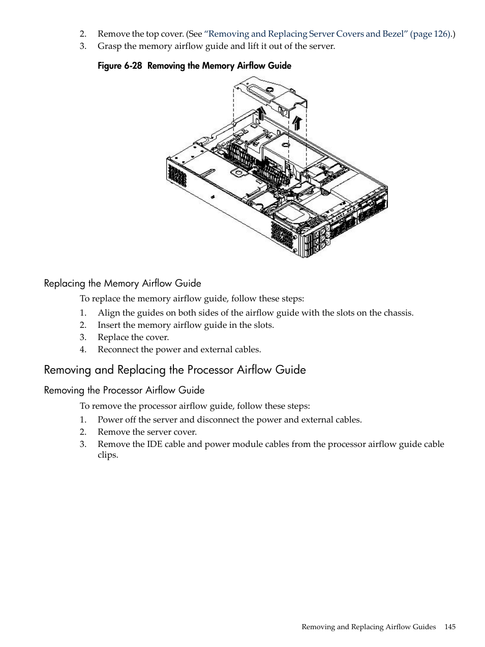 Replacing the memory airflow guide, Removing and replacing the processor airflow guide, Removing the processor airflow guide | Removing the memory airflow guide | HP RP3440 User Manual | Page 145 / 210