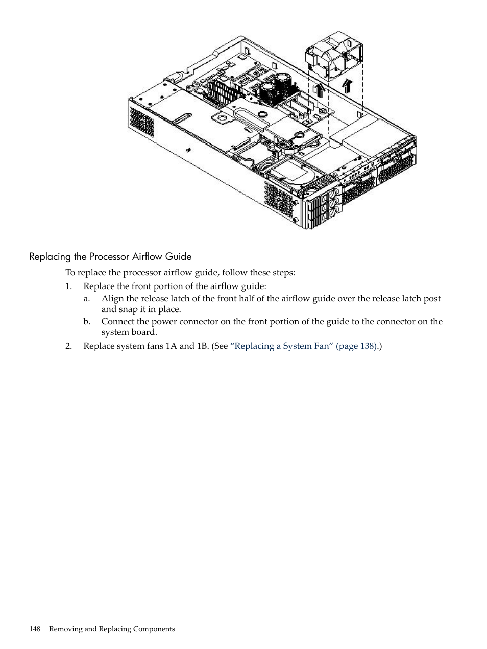 Replacing the processor airflow guide | HP RP3440 User Manual | Page 148 / 210