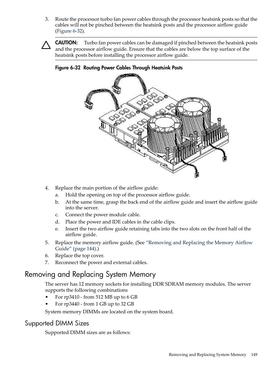 Removing and replacing system memory, Supported dimm sizes, Routing power cables through heatsink posts | HP RP3440 User Manual | Page 149 / 210