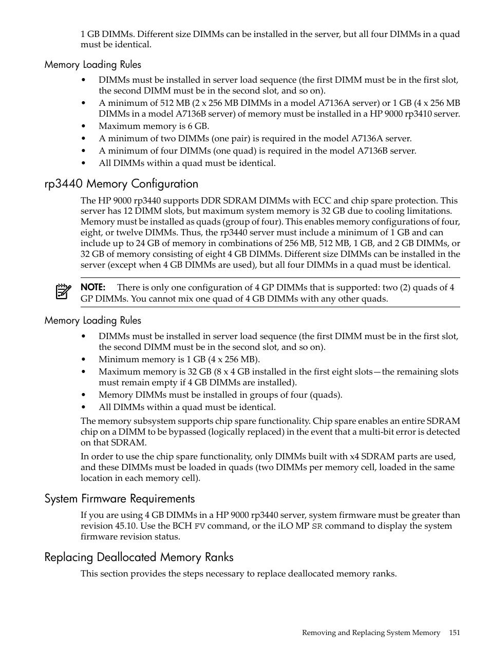 Memory loading rules, Rp3440 memory configuration, System firmware requirements | Replacing deallocated memory ranks | HP RP3440 User Manual | Page 151 / 210