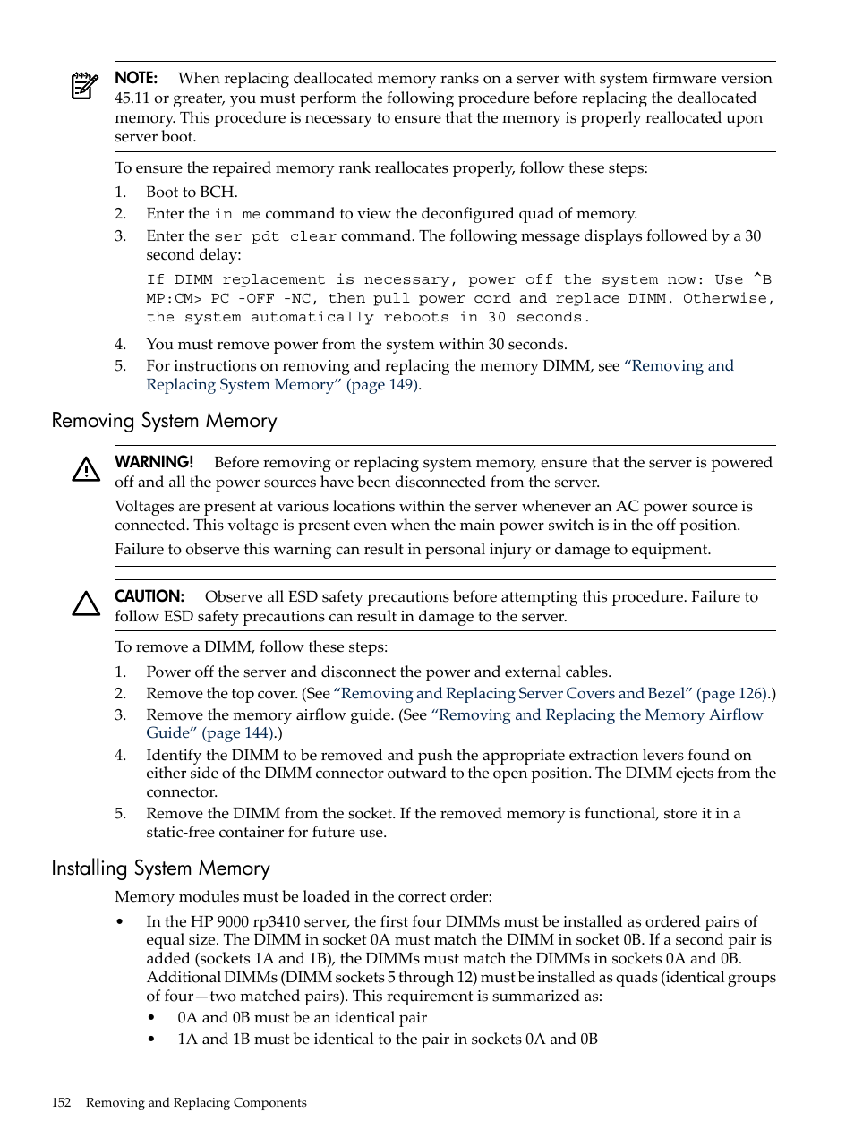 Removing system memory, Installing system memory, Removing system memory installing system memory | HP RP3440 User Manual | Page 152 / 210