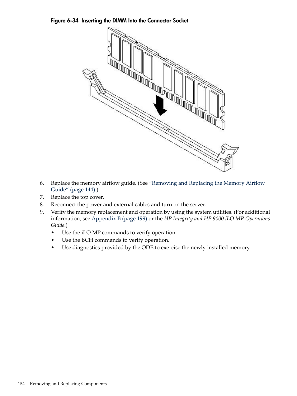 Inserting the dimm into the connector socket | HP RP3440 User Manual | Page 154 / 210