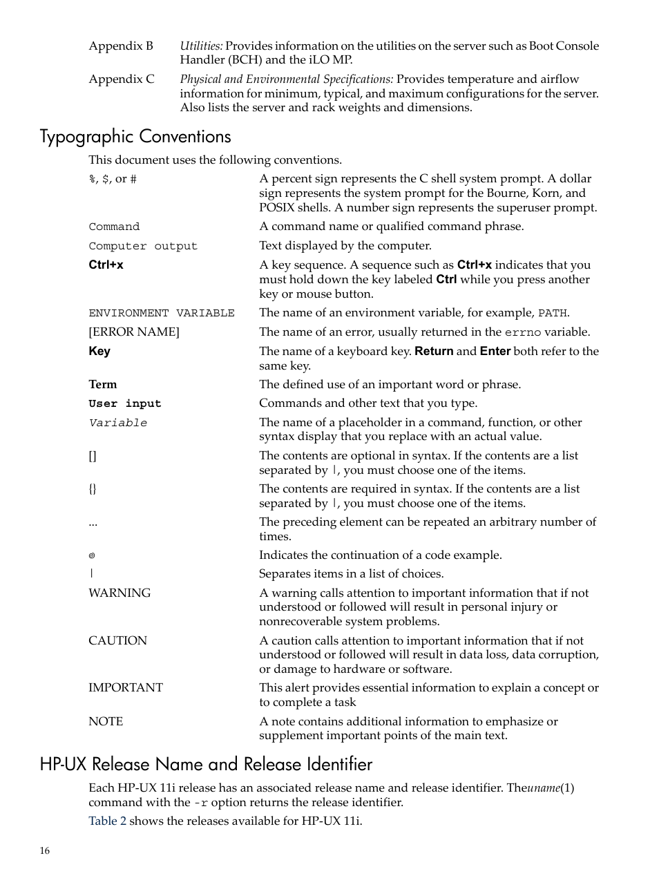 Typographic conventions, Hp-ux release name and release identifier | HP RP3440 User Manual | Page 16 / 210