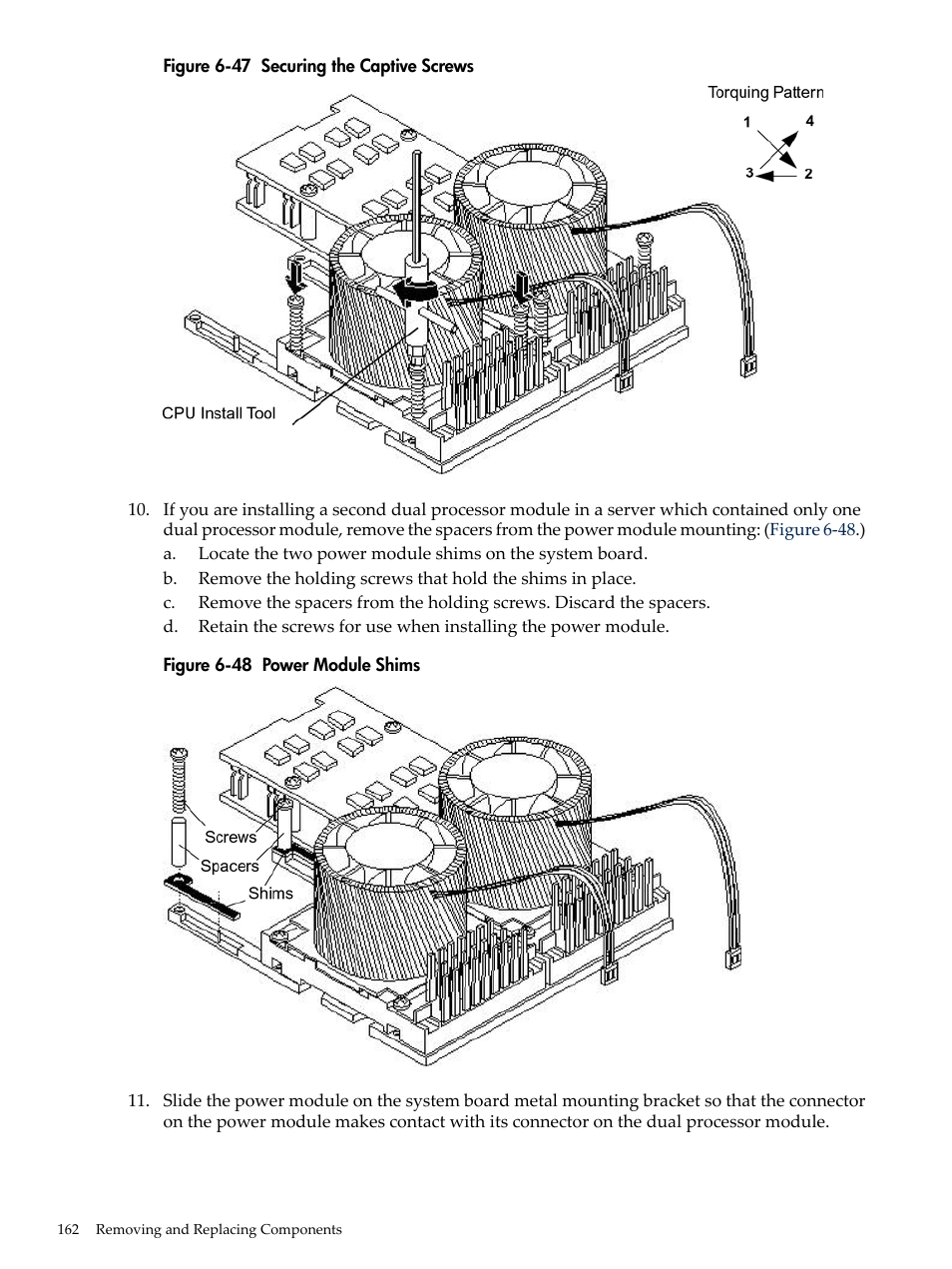 Securing the captive screws, Power module shims | HP RP3440 User Manual | Page 162 / 210