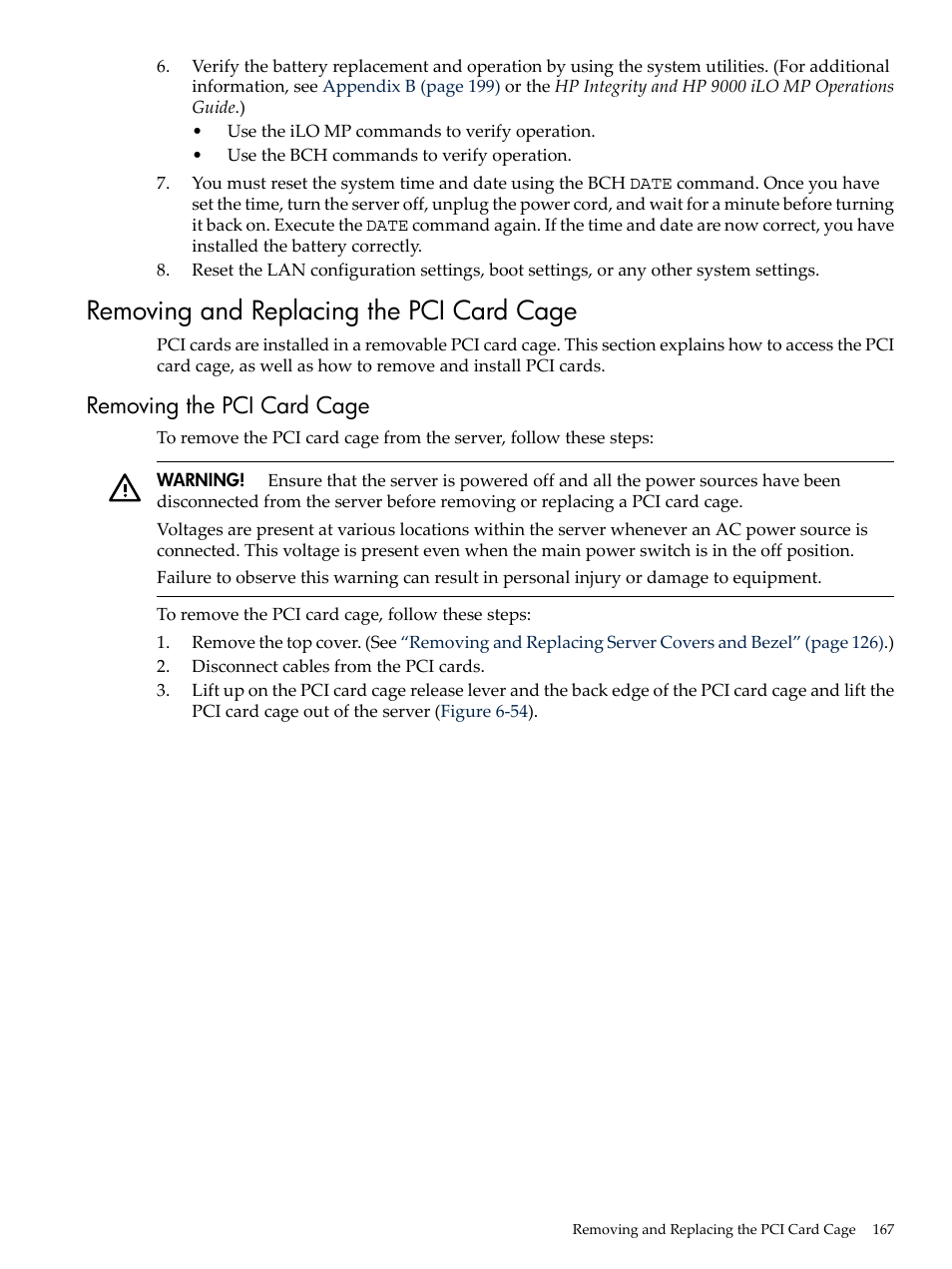 Removing and replacing the pci card cage, Removing the pci card cage | HP RP3440 User Manual | Page 167 / 210