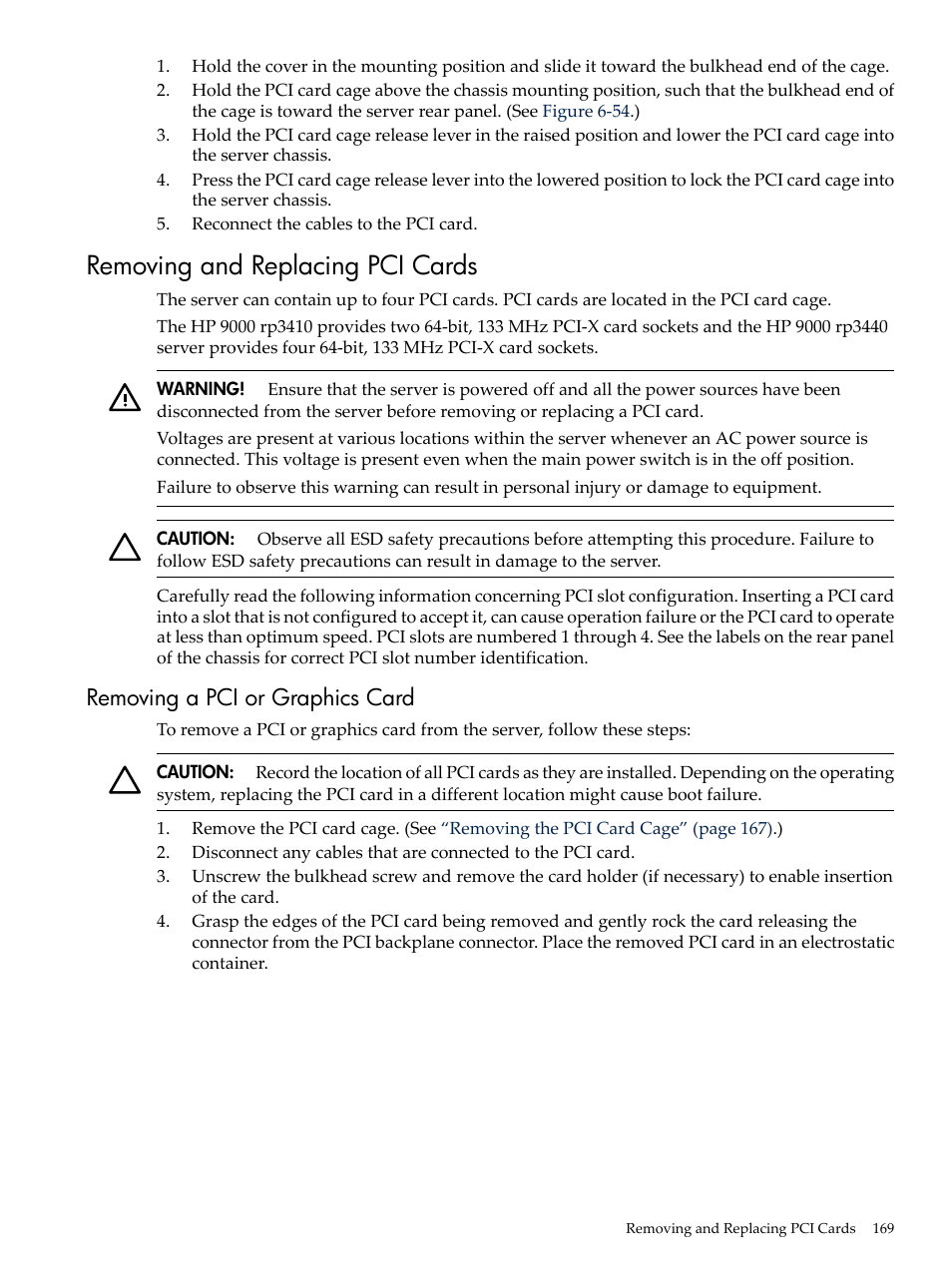 Removing and replacing pci cards, Removing a pci or graphics card | HP RP3440 User Manual | Page 169 / 210