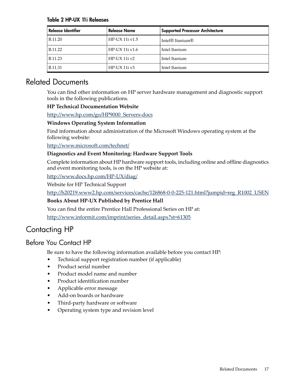 Related documents, Contacting hp, Before you contact hp | Related documents contacting hp, Hp-ux 11i releases | HP RP3440 User Manual | Page 17 / 210