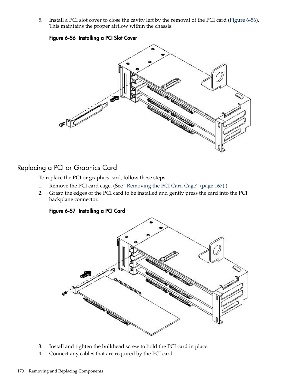 Replacing a pci or graphics card, Installing a pci slot cover, Installing a pci card | HP RP3440 User Manual | Page 170 / 210