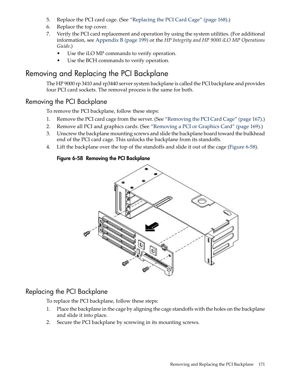 Removing and replacing the pci backplane, Removing the pci backplane, Replacing the pci backplane | HP RP3440 User Manual | Page 171 / 210