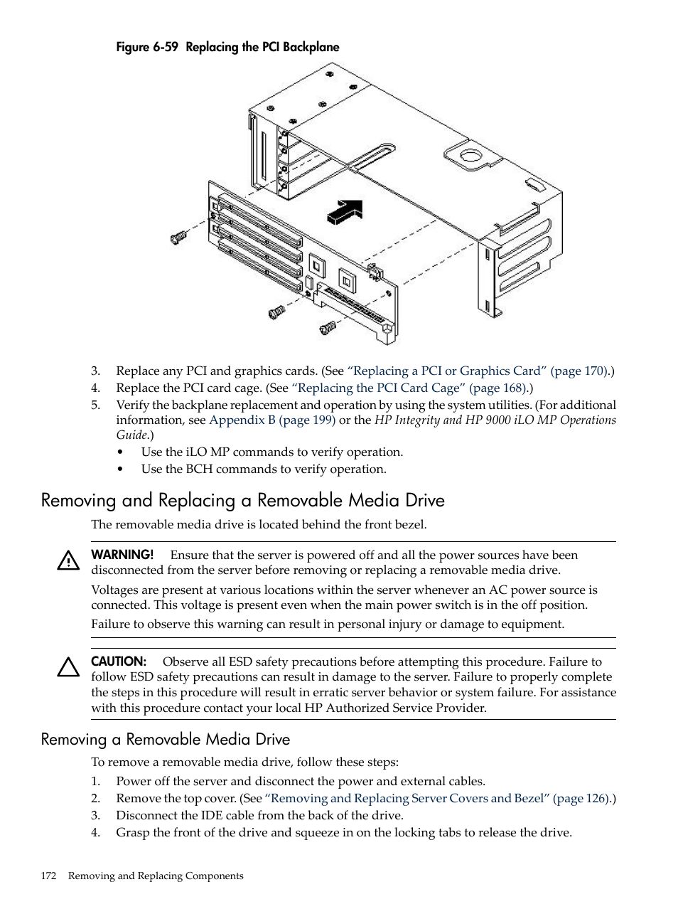 Removing and replacing a removable media drive, Removing a removable media drive, Replacing the pci backplane | HP RP3440 User Manual | Page 172 / 210