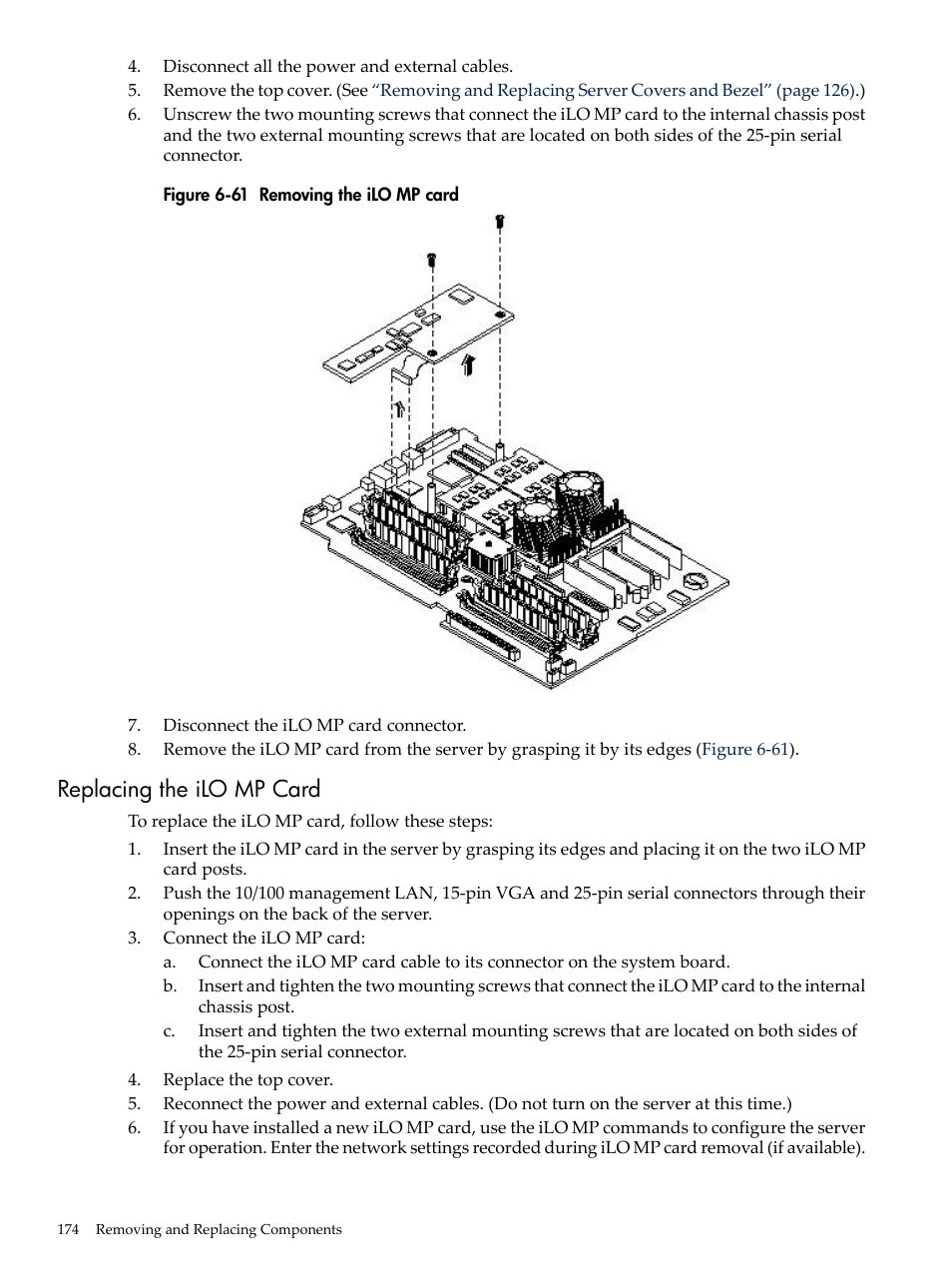 Replacing the ilo mp card, Removing the ilo mp card | HP RP3440 User Manual | Page 174 / 210