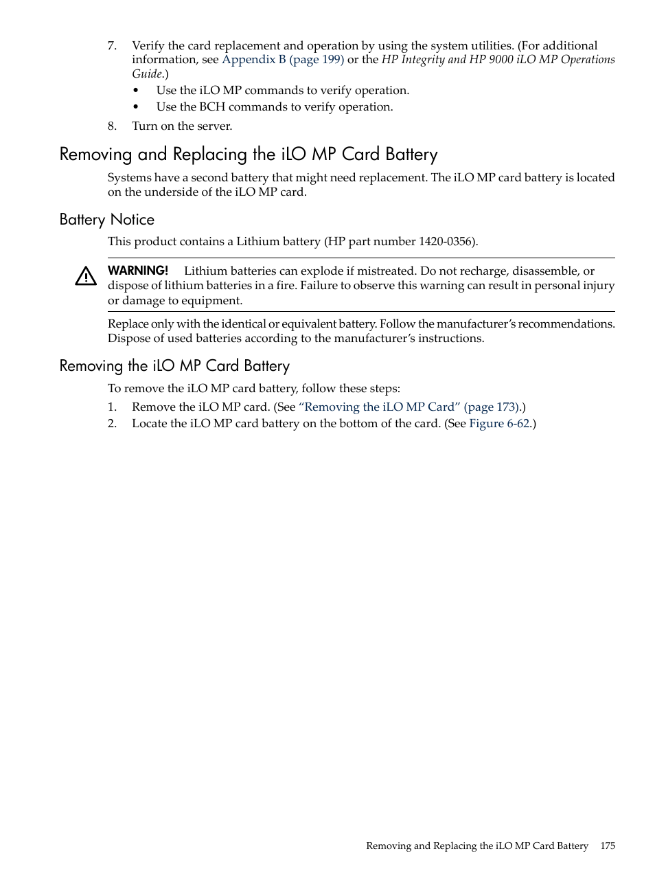 Removing and replacing the ilo mp card battery, Battery notice, Removing the ilo mp card battery | Battery notice removing the ilo mp card battery, Removing and replacing the ilo | HP RP3440 User Manual | Page 175 / 210