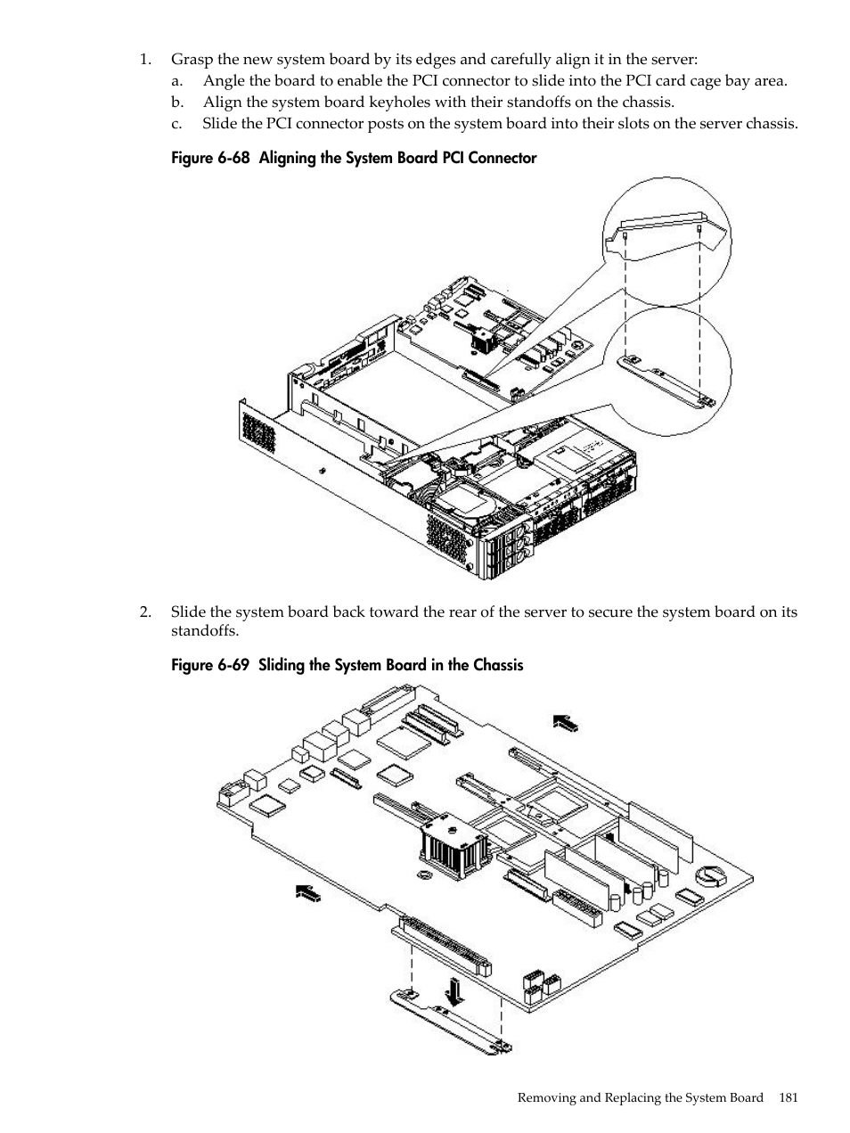 Aligning the system board pci connector, Sliding the system board in the chassis | HP RP3440 User Manual | Page 181 / 210