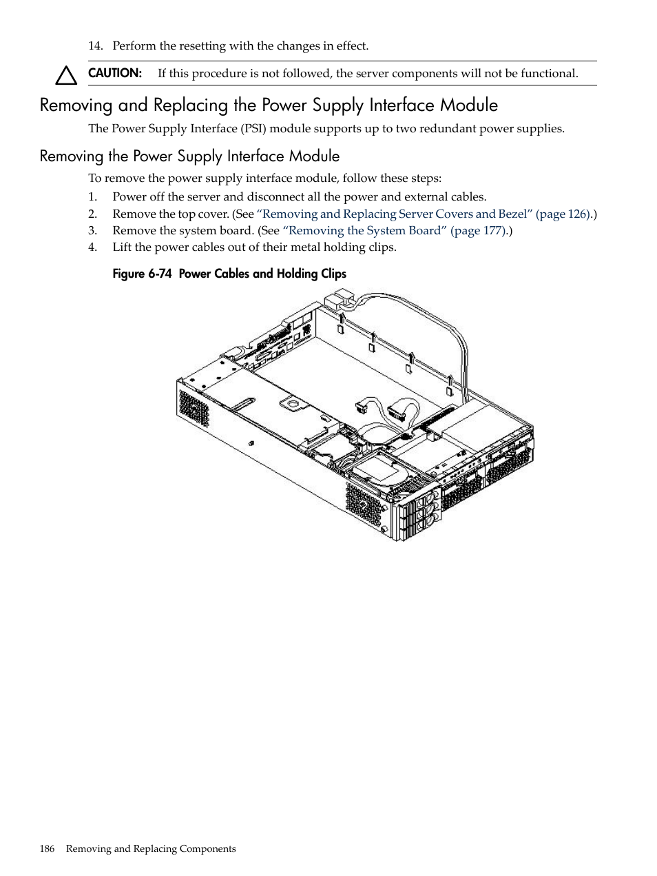 Removing the power supply interface module, Power cables and holding clips | HP RP3440 User Manual | Page 186 / 210