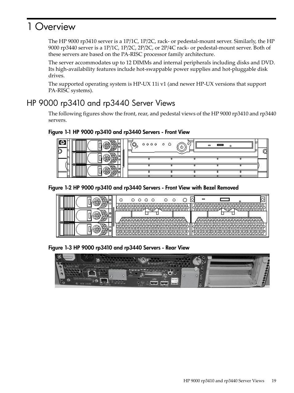 1 overview, Hp 9000 rp3410 and rp3440 server views, Hp 9000 rp3410 and rp3440 servers - front view | Hp 9000 rp3410 and rp3440 servers - rear view | HP RP3440 User Manual | Page 19 / 210
