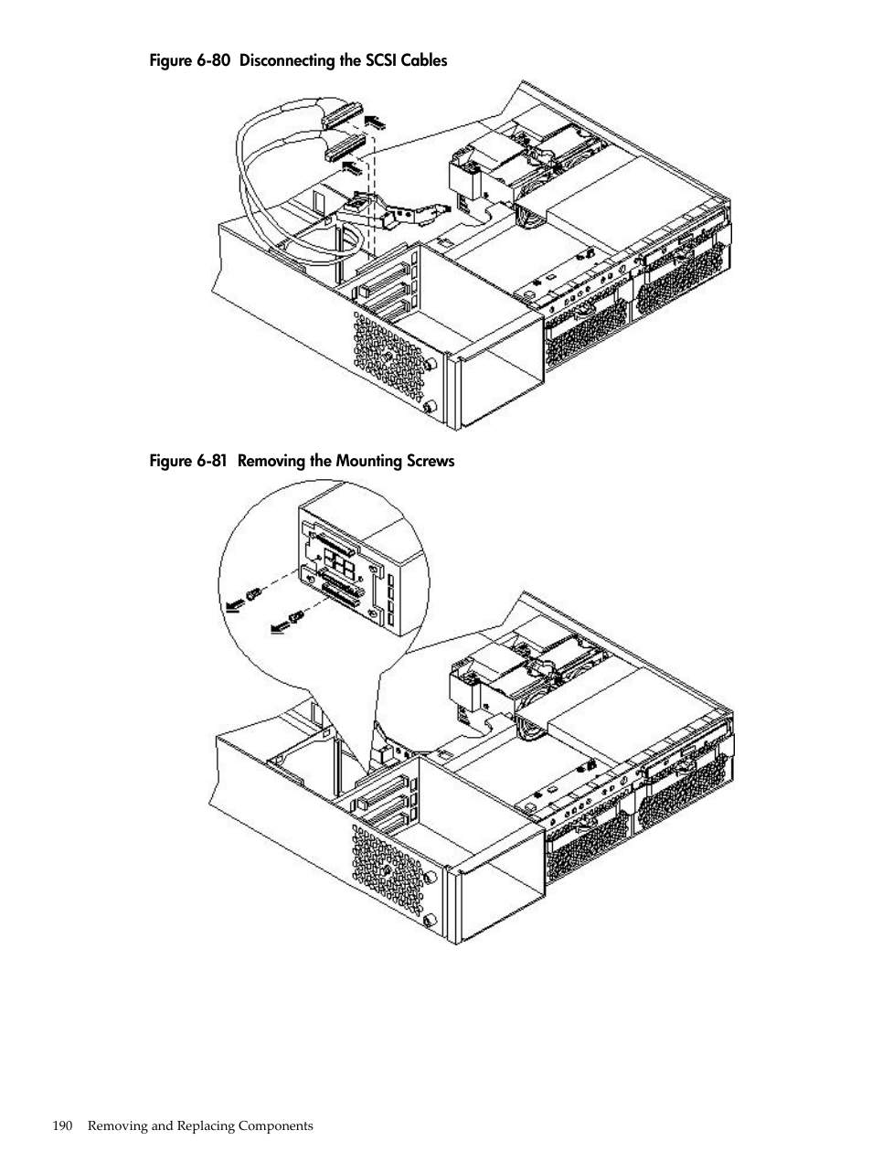 Disconnecting the scsi cables, Removing the mounting screws | HP RP3440 User Manual | Page 190 / 210