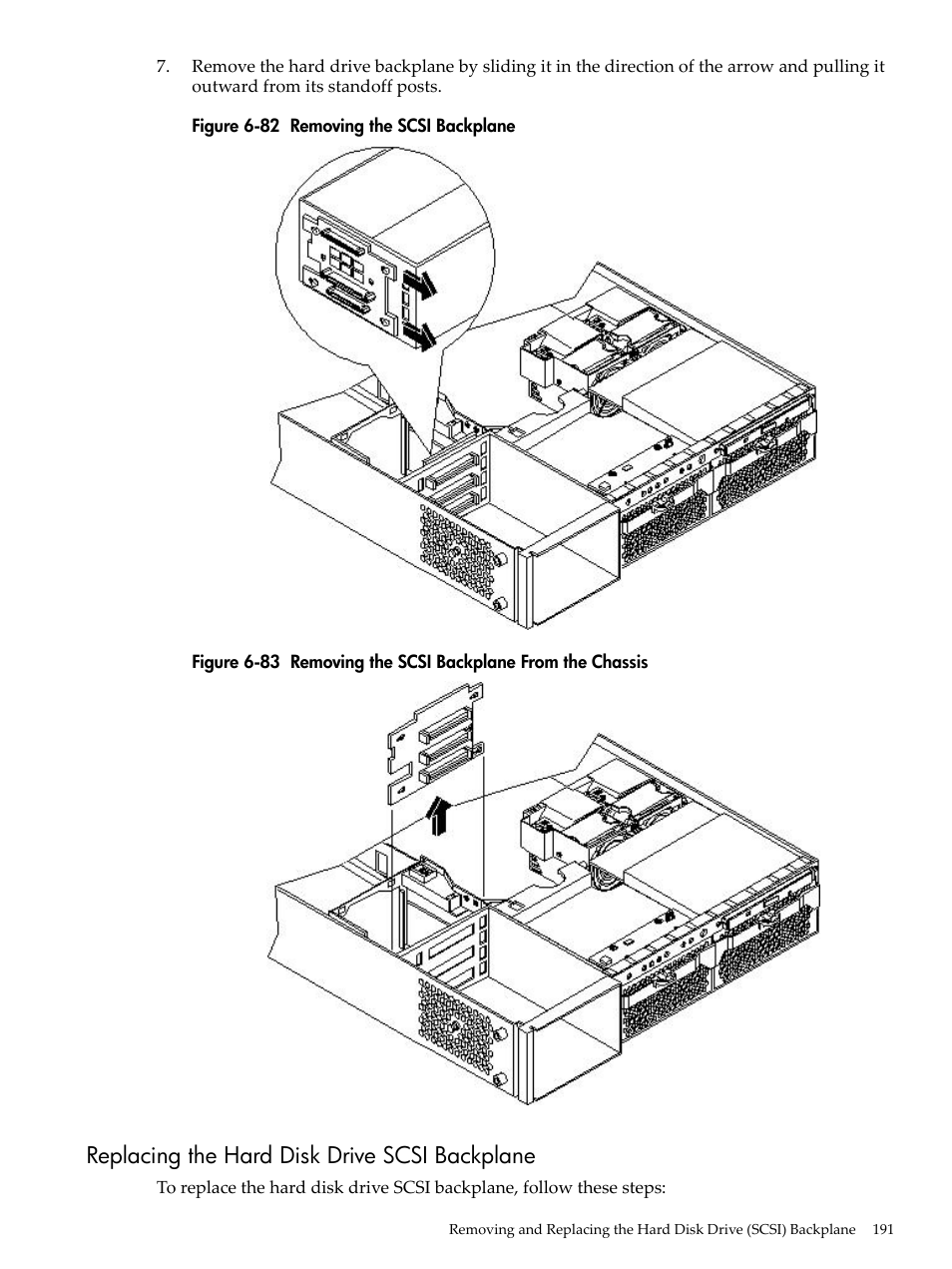 Replacing the hard disk drive scsi backplane, Removing the scsi backplane, Removing the scsi backplane from the chassis | HP RP3440 User Manual | Page 191 / 210