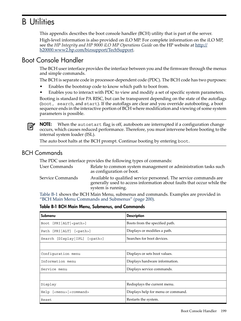B utilities, Boot console handler, Bch commands | Bch main menu, submenus, and commands, Appendix b | HP RP3440 User Manual | Page 199 / 210