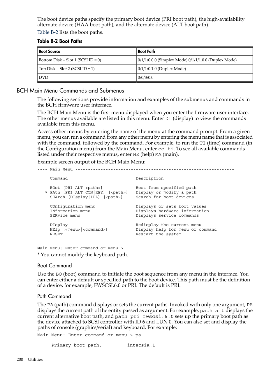Bch main menu commands and submenus, Boot command, Path command | Boot command path command, Boot paths | HP RP3440 User Manual | Page 200 / 210