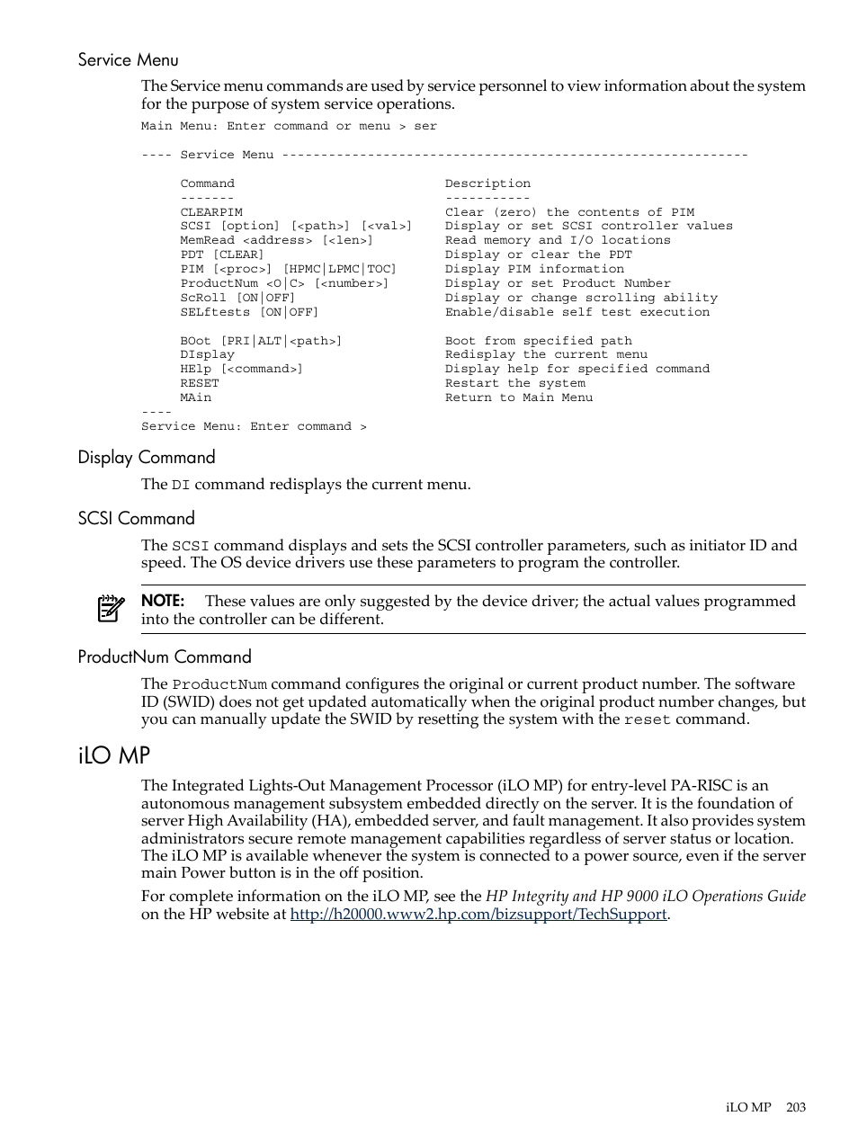 Service menu, Display command, Scsi command | Productnum command, Ilo mp | HP RP3440 User Manual | Page 203 / 210