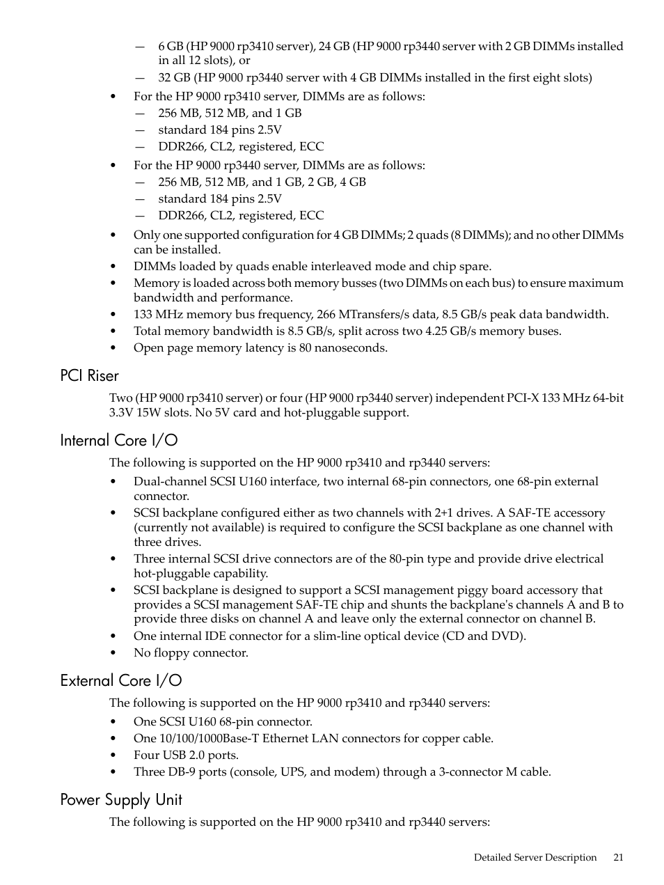 Pci riser, Internal core i/o, External core i/o | Power supply unit | HP RP3440 User Manual | Page 21 / 210