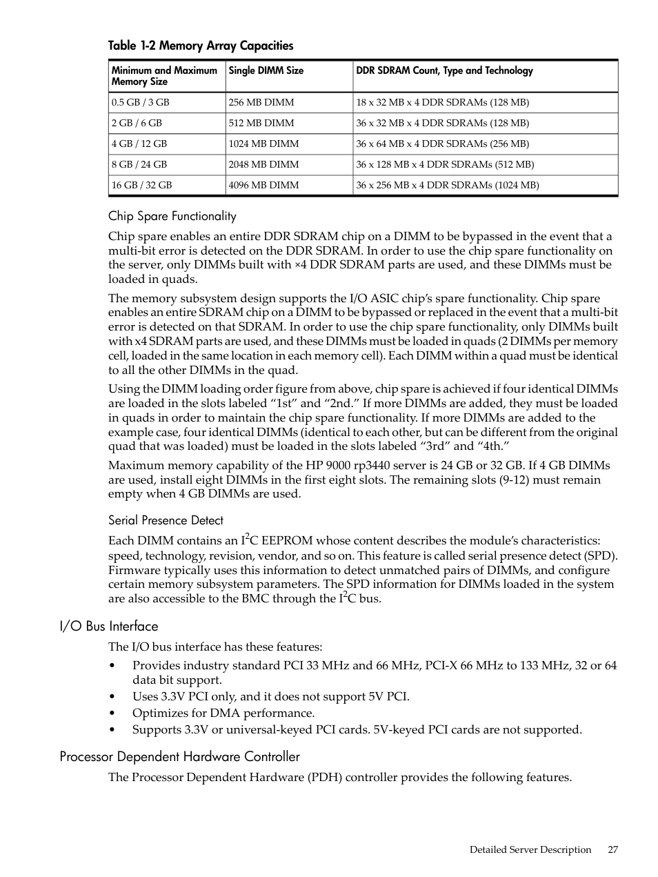 Chip spare functionality, Serial presence detect, I/o bus interface | Processor dependent hardware controller, Chip spare functionality serial presence detect, Memory array capacities | HP RP3440 User Manual | Page 27 / 210