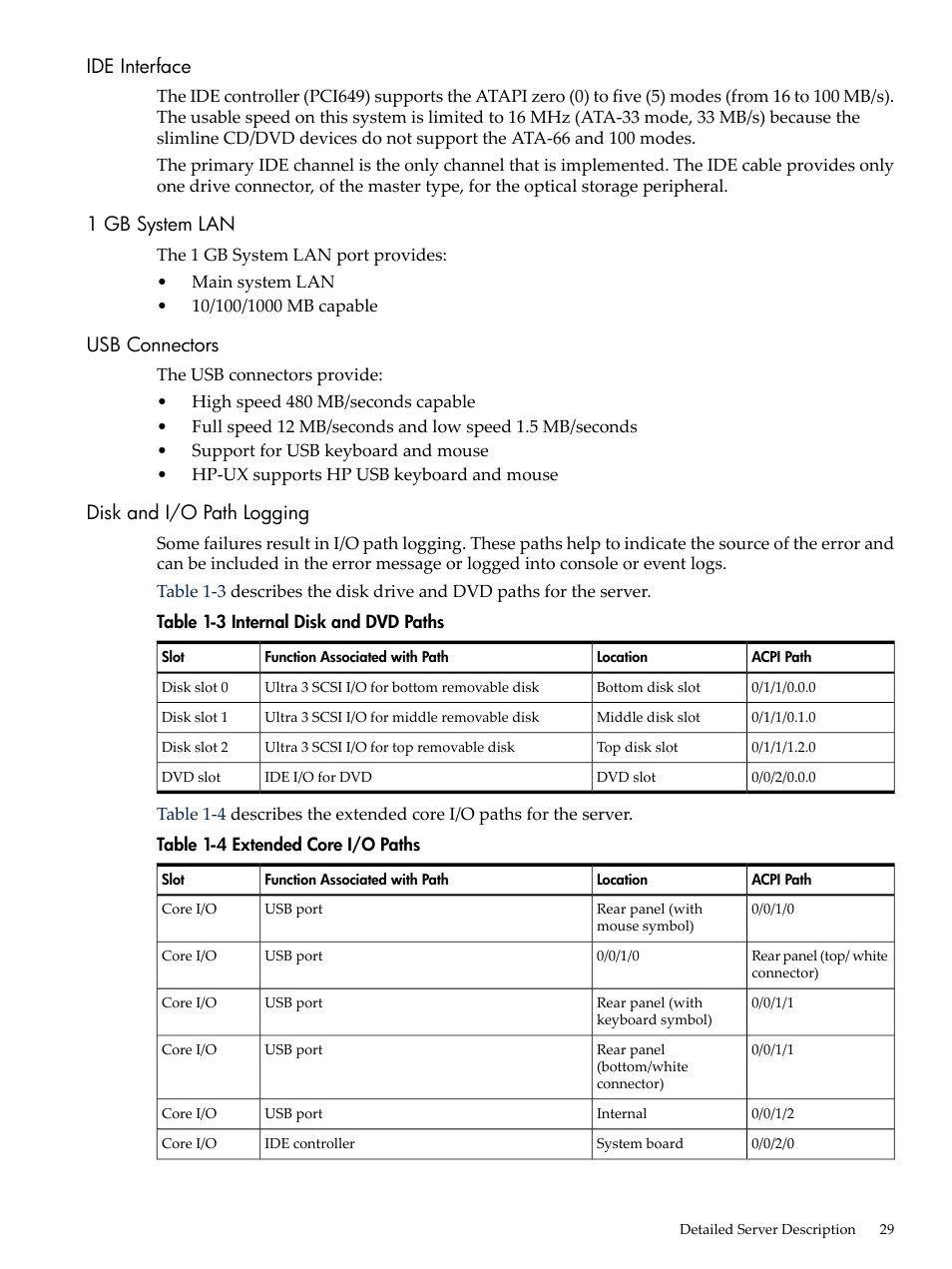 Ide interface, 1 gb system lan, Usb connectors | Disk and i/o path logging, Internal disk and dvd paths, Extended core i/o paths | HP RP3440 User Manual | Page 29 / 210