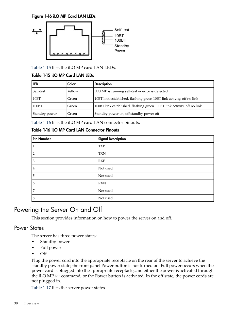 Powering the server on and off, Power states, Ilo mp card lan leds | Ilo mp card lan connector pinouts | HP RP3440 User Manual | Page 38 / 210