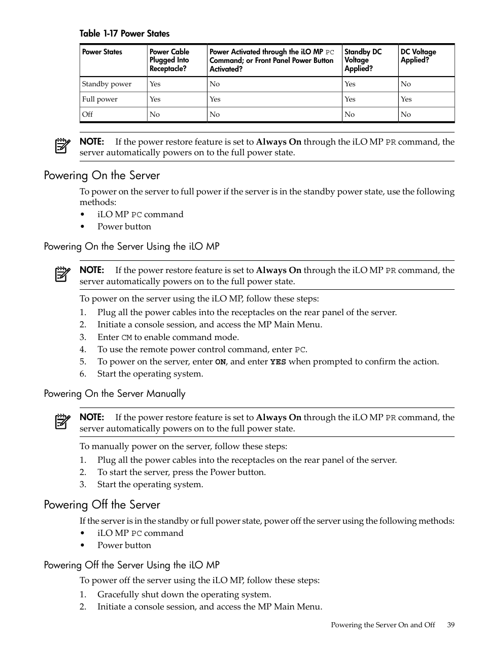 Powering on the server, Powering on the server using the ilo mp, Powering on the server manually | Powering off the server, Powering off the server using the ilo mp, Power states | HP RP3440 User Manual | Page 39 / 210