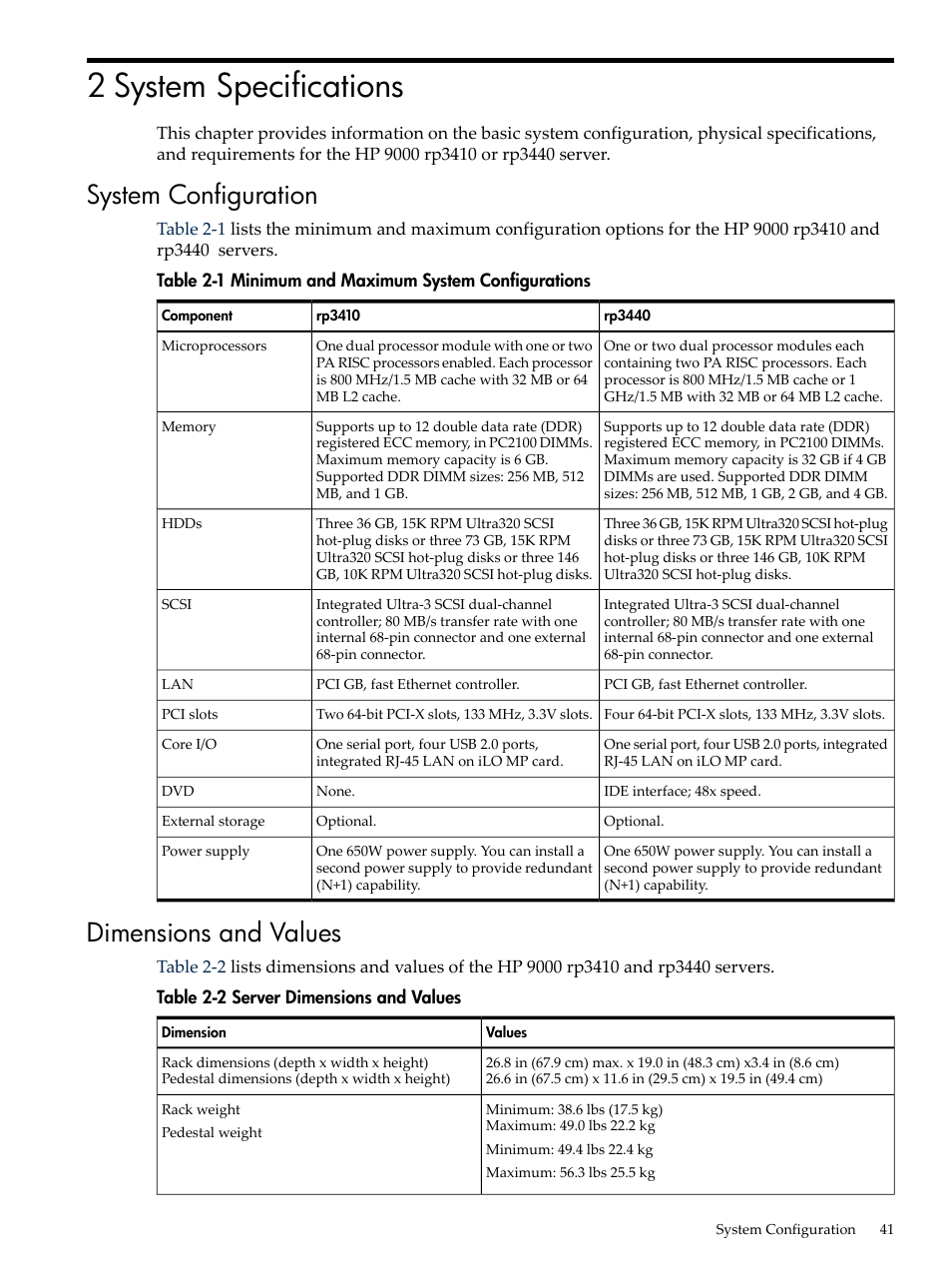 2 system specifications, System configuration, Dimensions and values | System configuration dimensions and values, Minimum and maximum system configurations, Server dimensions and values | HP RP3440 User Manual | Page 41 / 210