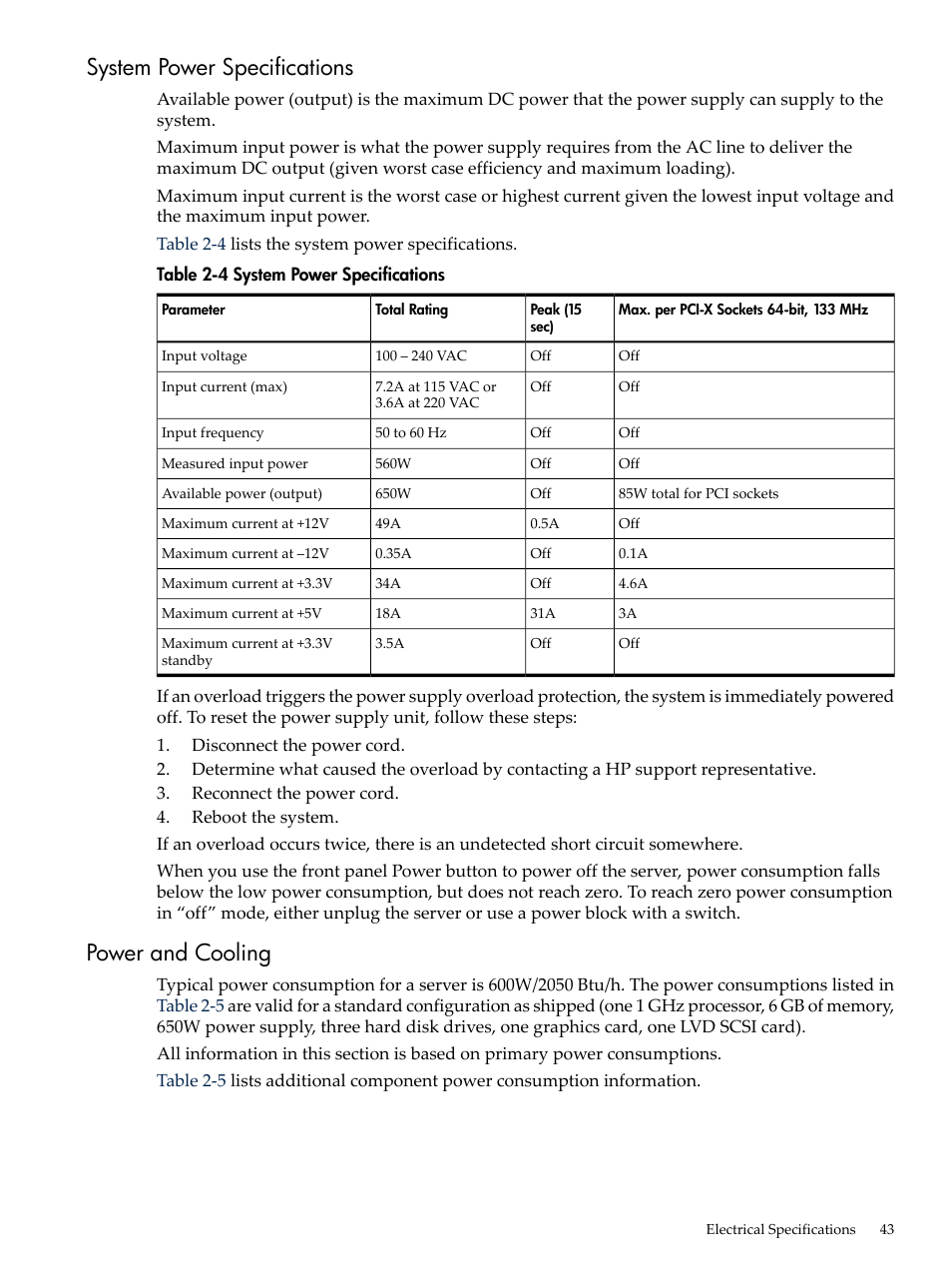 System power specifications, Power and cooling, System power specifications power and cooling | HP RP3440 User Manual | Page 43 / 210