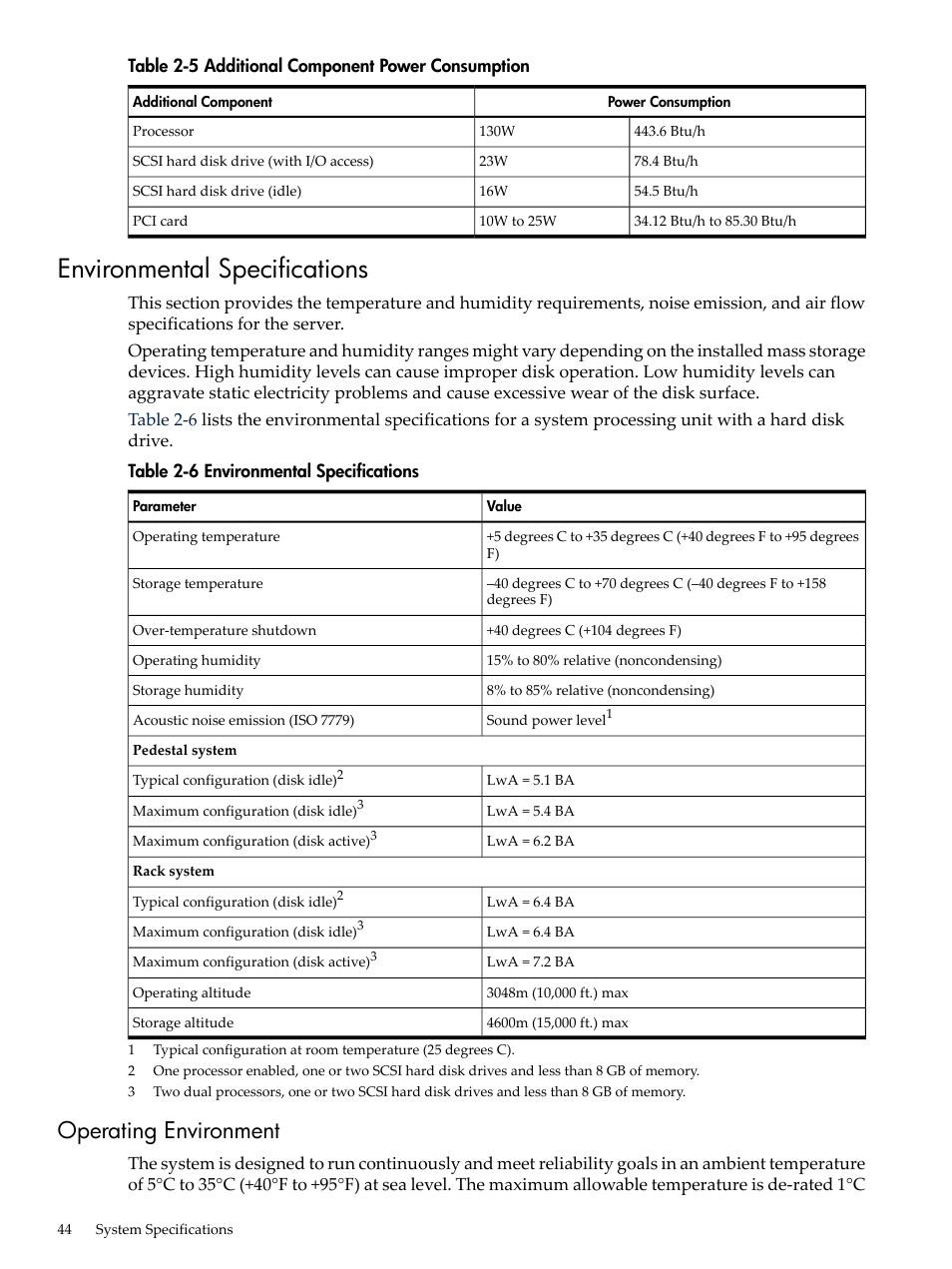 Environmental specifications, Operating environment, Additional component power consumption | HP RP3440 User Manual | Page 44 / 210