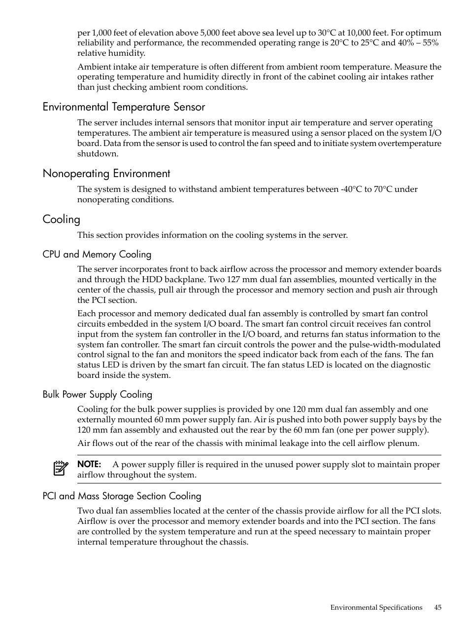 Environmental temperature sensor, Nonoperating environment, Cooling | Cpu and memory cooling, Bulk power supply cooling, Pci and mass storage section cooling | HP RP3440 User Manual | Page 45 / 210