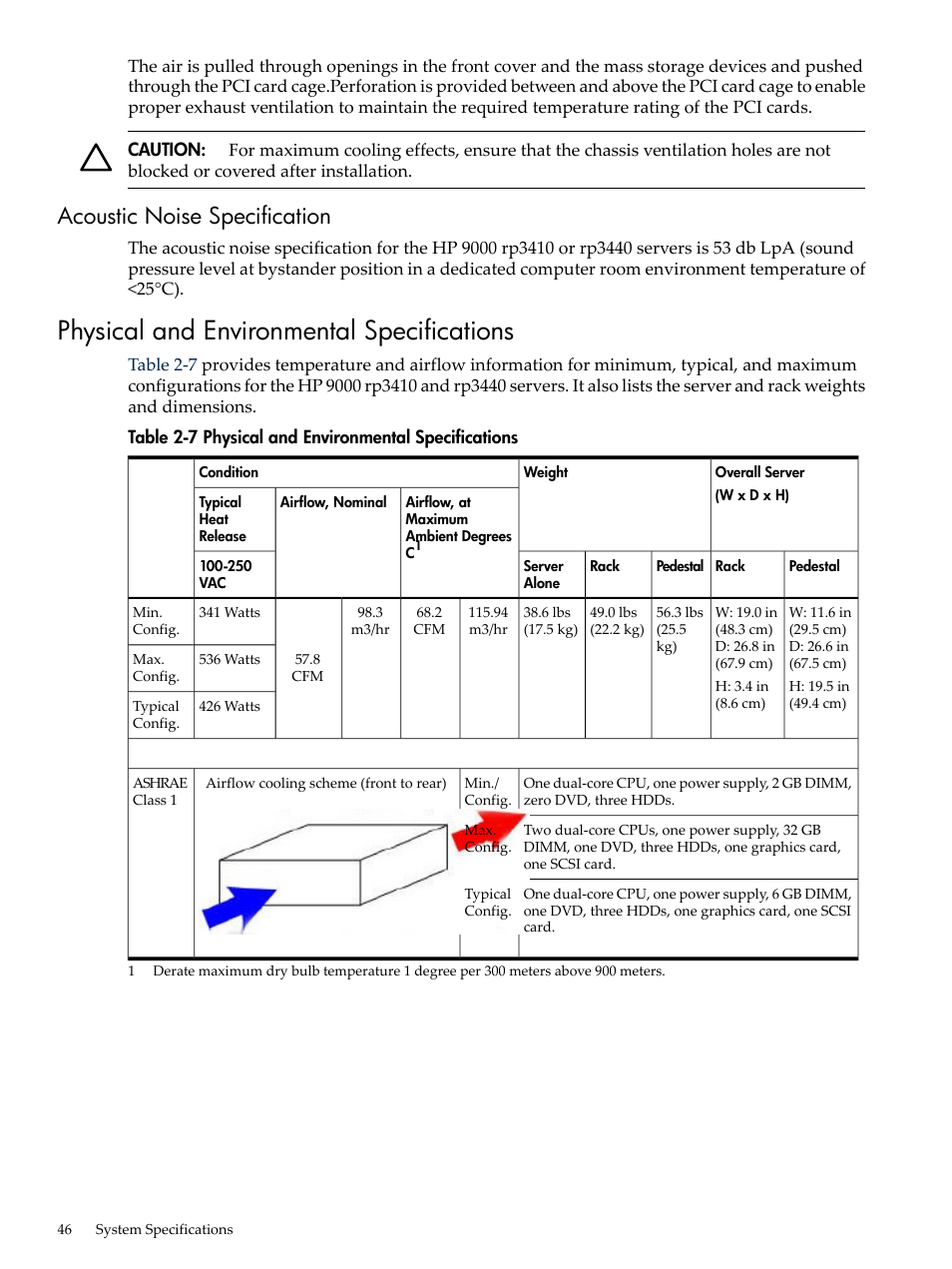 Acoustic noise specification, Physical and environmental specifications | HP RP3440 User Manual | Page 46 / 210