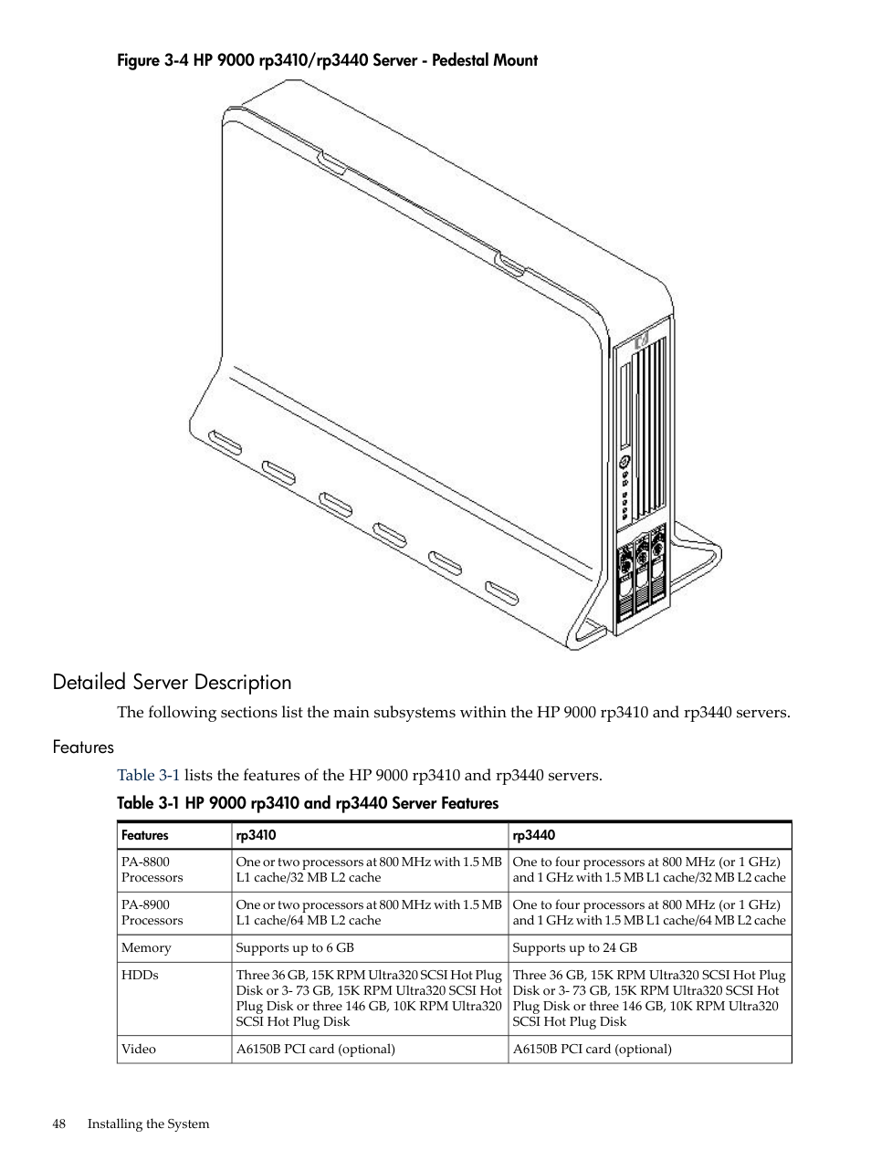 Detailed server description, Features, Hp 9000 rp3410/rp3440 server - pedestal mount | Hp 9000 rp3410 and rp3440 server features, Figure 3-4 | HP RP3440 User Manual | Page 48 / 210