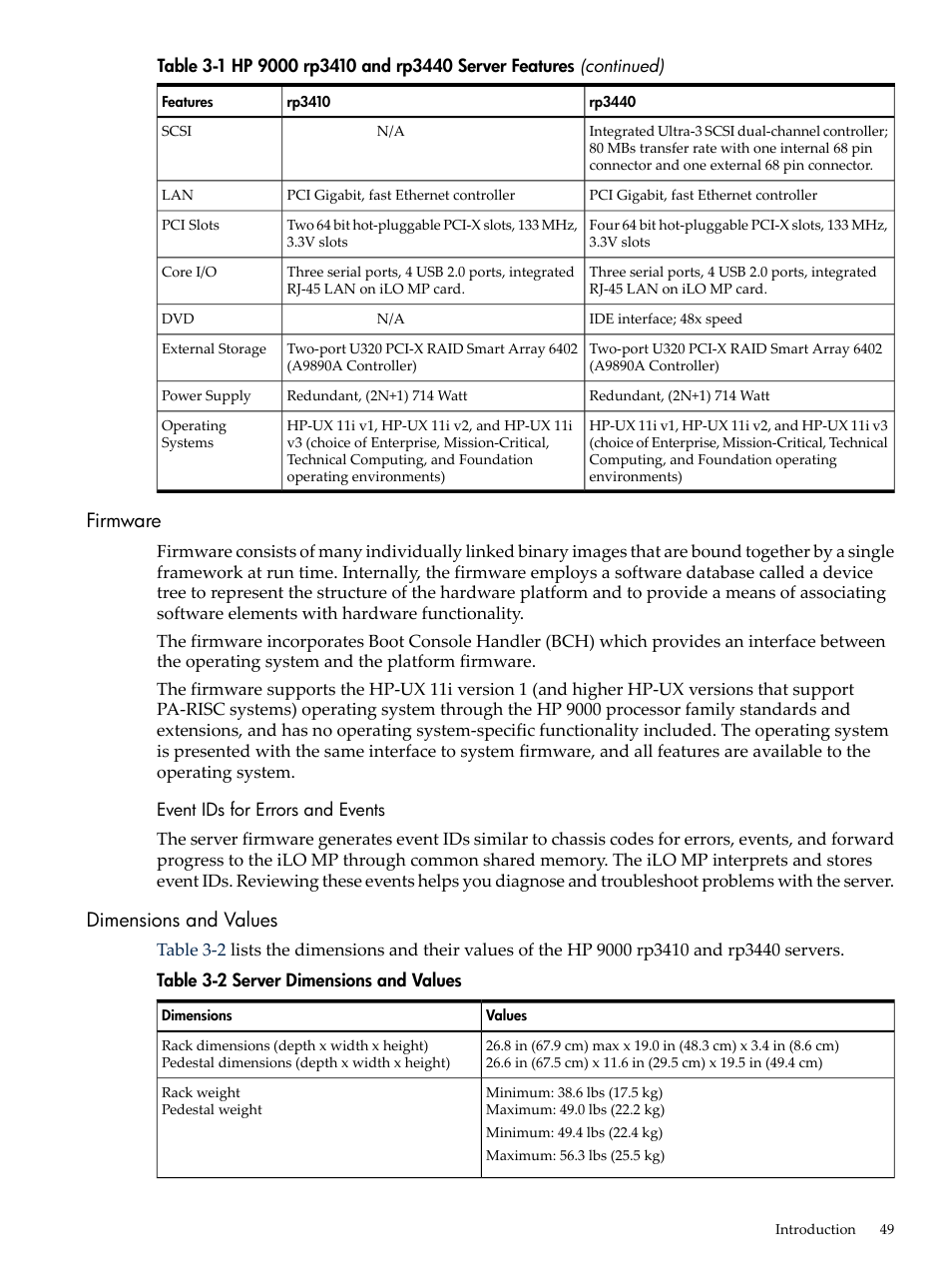 Firmware, Event ids for errors and events, Dimensions and values | Server dimensions and values | HP RP3440 User Manual | Page 49 / 210
