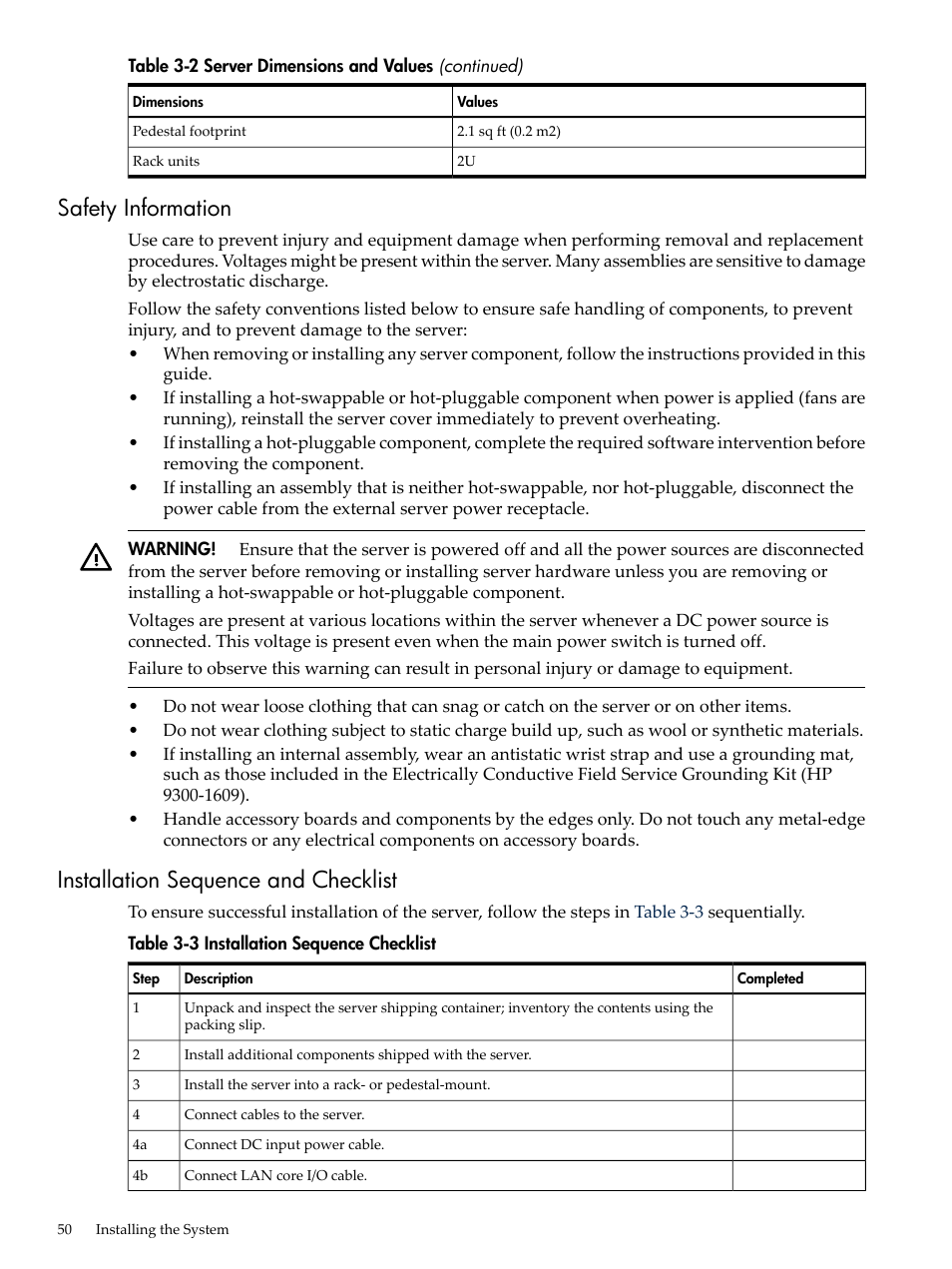 Safety information, Installation sequence and checklist, Installation sequence checklist | HP RP3440 User Manual | Page 50 / 210