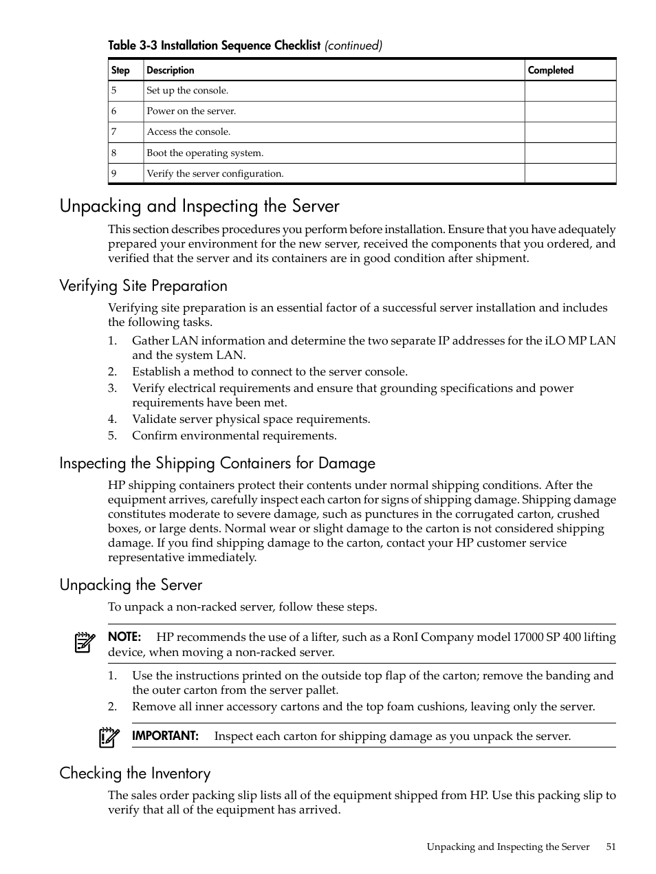 Unpacking and inspecting the server, Verifying site preparation, Inspecting the shipping containers for damage | Unpacking the server, Checking the inventory | HP RP3440 User Manual | Page 51 / 210